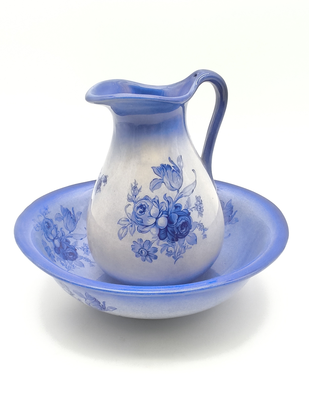 Victorian Staffordshire Style Blue Floral Miniature Pitcher & Basin Wash Set